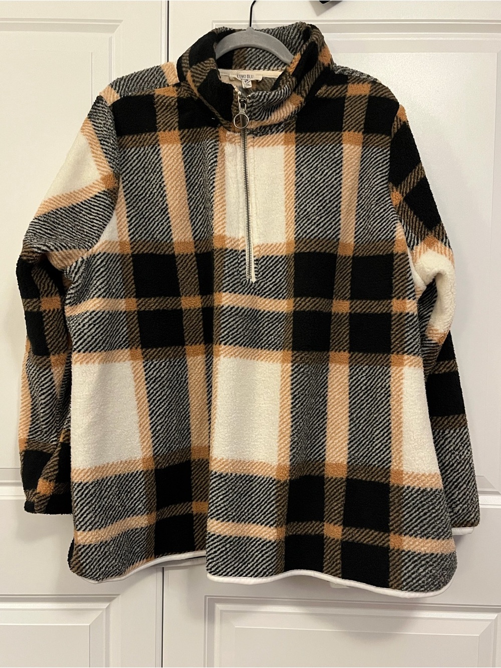Como Blu Cozy Quarter-Zip Plaid Fleece Pullover - Black, Cream & Tan